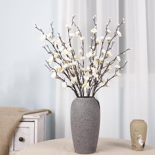 Weiße künstliche Blumen, 12-teiliges Set, künstliche Pflaumenblüten, die echt aussehen, 55 cm lang für Vase, perfekt für Heimbüro-Dekoration