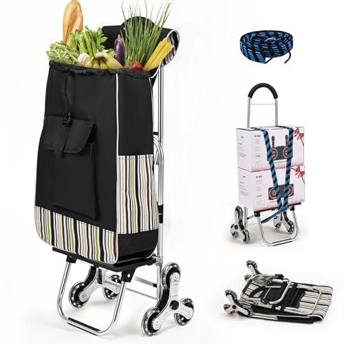 Ovshnrr Carro de la Compra con 6 Ruedas, Carrito Compra Plegable, Capacidad 32L, Carga Máxima de 30kg, Bolsa Impermeable Desmontable, Ruedas de Acero Inoxidable, para Subir Escaleras