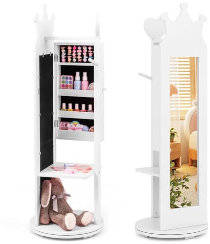 COSTWAY Armadio Portagioie per Bambini 3+ Anni, 36 x 36 x 112cm, Specchio da Terra a Forma di Corona con Ganci, Ripiani e Base Girevole, Toeletta per Cameretta