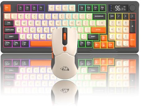 FREEWOLF T96 Tastiera e Mouse Wireless, Bluetooth & 2.4G, Tasti PBT, Manopola Multimediale, Schermo, Silenziosa, Anti-ghosting, US Layout, QWERTY, per Mac/Windows/Linux - Luccichio