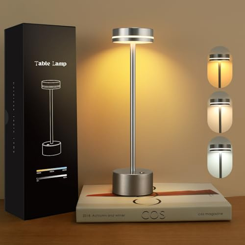 VKH Lampada da comodino LED senza fili in metallo argento, 3 modalità di luce, touch e ricarica USB-C, lampada da tavolo moderna per camera da letto, soggiorno, ufficio o tavolo da pranzo