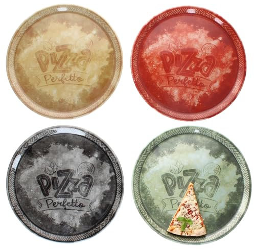 MamboCat 4tlg Set Perfetto Pizzateller Ø 31,5 cm I Porzellan-Teller je 1x in Gelb, Grün, Rot & Schwarz I ideal für Pizza, Flammkuchen & mehr I große Servierplatte mit Dekor & Schrift