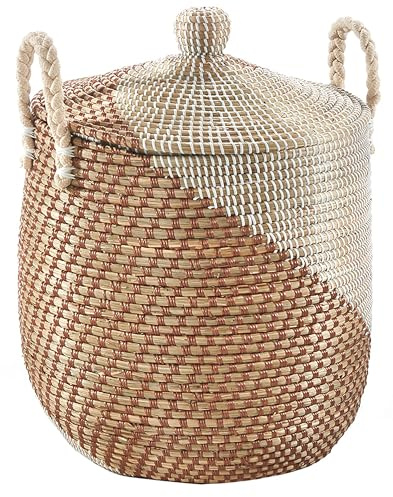 Kobolo Schlangenkorb NAGA aus Seegras | Ø 43 cm, H 60 cm | handgeflochtener Aufbewahrungskorb mit Deckel in beige | Wäschekorb | Deko Korb | aus Naturmaterial für Wäsche, Spielzeug, Zeitschriften