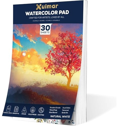 Xulmar Watercolour Paper Pad - A5x 30 Sheets, 300 GSM Cold-Pressed 100% Acid-Free pulpwood Material | Natural White, Glue-Bound for Watercolor Painting