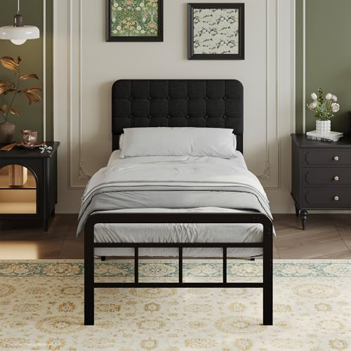 EMODA Struttura letto in metallo con testiera e pediera imbottite, struttural letto singolo alta 36 cm, 80 x 190 cm con supporto a doghe in acciaio resistente, silenziosa, facile da montare, Nera