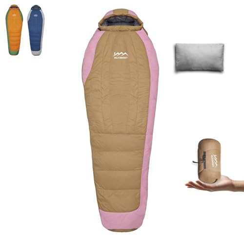 HLITMOUT Sac de Couchage ultraléger en Duvet avec Oreiller pour Adulte, Femme, Homme, Enfant, garçons et Filles, randonnée, randonnée et Camping Outdoor (Beige et Rose, Régulier)