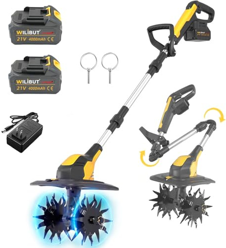WILIBUT Electric Garden Tiller Cultivator, Cordless Rototiller for Gardening with 2X4.0Ah Batteries & Charge & LCD Display, 9-Inch Tilling Width, 6.6-Inch Depth Tiller for Soil Cultivation, Weeding