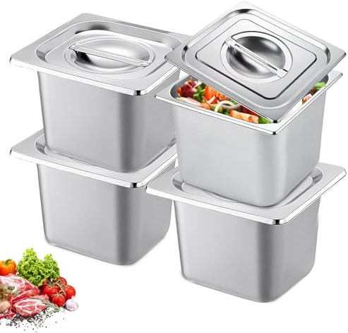 BYZESTY Set med 4 gastrobehållare i rostfritt stål GN 1/6 – höjd 15 cm – livsmedelsbehållare i rostfritt stål med lock, gastrobehållare för professionell livsmedelsförvaring