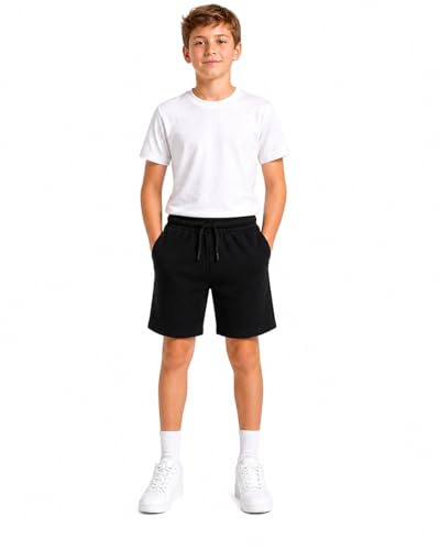 RUBAB Kids Fleece Shorts for Boys Girls Jogger Shorts with Zip Pockets Elastic Waist Sports Shorts for School, Play Everyday Wear Ages 5–14 Years (13 Years, 14 Years, Black)