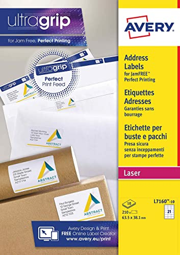 Avery Selbstklebende Adress-Adressetiketten (Amazon FBA Strichcode-Etiketten), Laserdrucker, 21 Etiketten pro A4-Bogen, 210 Etiketten, UltraGrip (L7160)