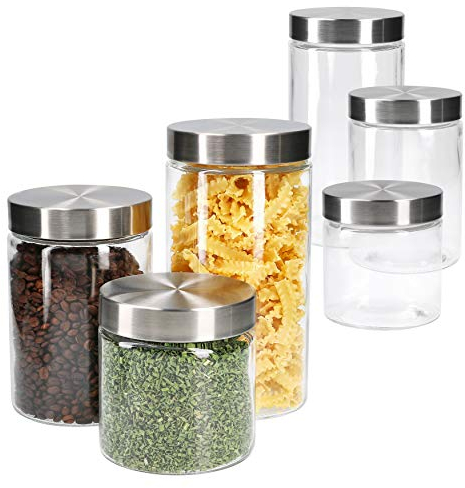 MamboCat Vorratsgläser Set Bera 6-TLG. mit Edelstahldeckel I befüllbare Glasdosen Ø 11 cm 0,8L + 1,2L + 1,7L I Runddosen mit Drehverschluss I Vorratsglas luftdicht I Aufbewahrungsgläser-Set