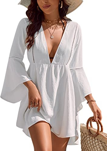 Blooming Jelly Womens Swimsuit Coverup V Neck Chiffon Bathing Suit Cover Up Beach Dress Swim Bikini Summer Outfits White
