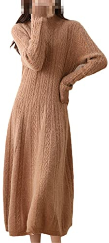 Ruereuu Vestido de Mujer Suéter de Cachemira Vestido Largo de Punto Lana Merino Cuello Alto Falda de Oficina, dorado, XXL