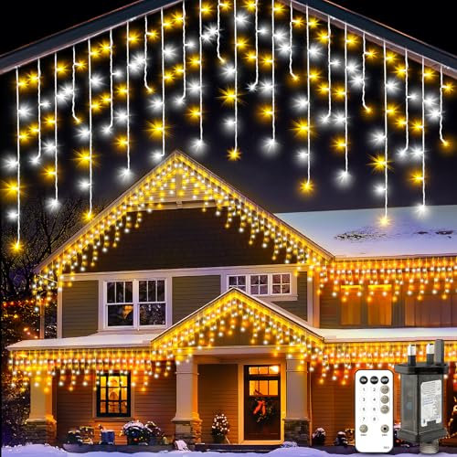 Icicle Outdoor Christmas Lights 10M - Warm White LED Xmas Icicles Light Outside Lighting Connectable House Lights 8 Mode Remote