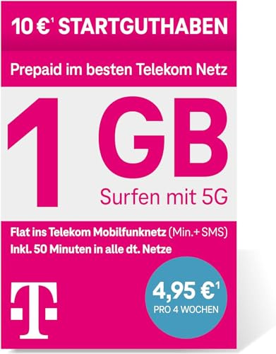 Deutsche Telekom MagentaMobil Prepaid S SIM-Karte ohne Vertragsbindung,5G inkl. I1 GB & Flat ins Mobilfunknetz,50 Freiminuten in alle Anderen dt. Netze I Surfen mit 5G/ LTE Max, 10 EUR Startguthaben