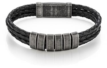 MYCLUSIV® Pulsera de Cuero Personalizada para Hombre con Nombres Grabados en Cuentas de Óxido - Regalo para Papá