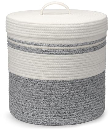 Goodheim Cesto Portabiancheria con Coperchio Cesta in Corda di Cotone, Bucato e Giochi Bambini, Cestino Piccolo Della Biancheria, Cestone Biancheria Ceste Portaoggetti Bianco (Grigio,35x42cm)