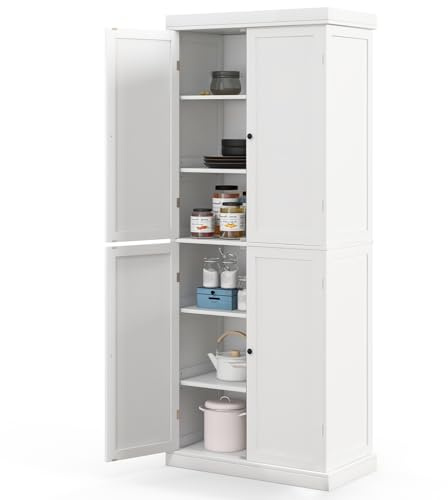 TANGZON Tall Kitchen Cupboard, Tall Storage Cabinet with 4 Doors & 2 Adjustable Shelves, Freestanding Wooden Sideboard Unit for Pantry Dining Living Room (76 x 40 x 184cm, 6-Tier, White)