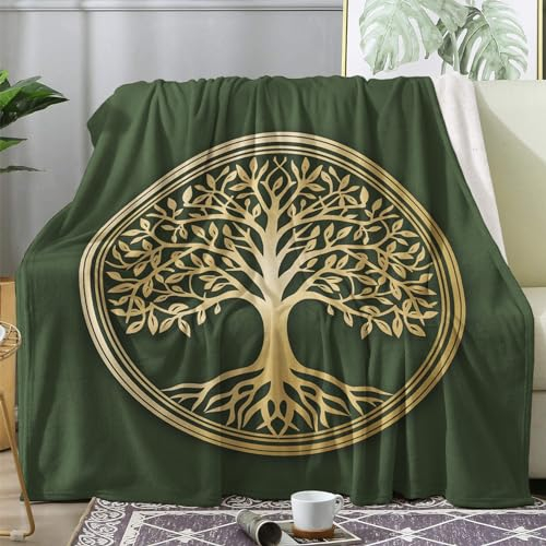 Kuscheldecke Flauschig Baum des Lebens, Decke Wolldecke 150x200 Grün, Flanell Sofadecke Blanket XL, Fleecedecke Wohndecke Schlafdecke Winter Warm Weich, Deko Decken für Couch Bed