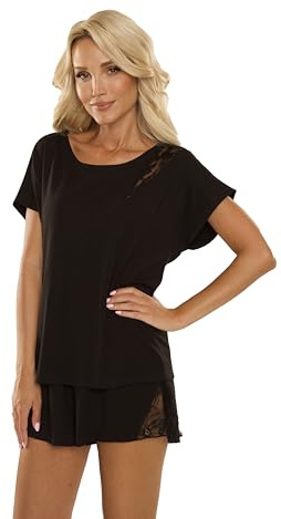 Selente Sweet Dreams Pigiama Corto da Donna Casual con Pizzo, in Morbida Viscosa, Nero-Shorty con Pizzo, Taglia 44