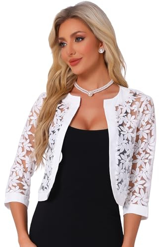 Allegra K Coprispalle in Pizzo Floreale da Donna Cardigan Corto con Maniche a 3/4 Bolero Elegante Bianca XS