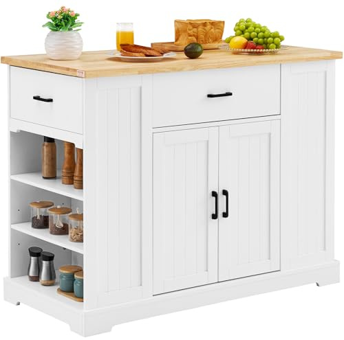 VEVOR 46 Wood Top Breakfast Bar with Storage Cabinet, Farmhouse Kitchen Table with Adjustable Shelf, Drawer, for Dining Kitchen Living Room, White