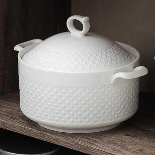 Vnook Ceramic Soup Tureen,Porcelain Soup Bowl with Lid for Restaurant Home Kitchen White Decoration Soup Pot(2400ml)