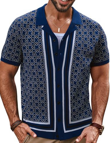 PJ PAUL JONES Camisas vintage de los años 70 para hombre, con botones, cuello cubano, polo de punto