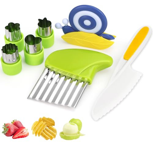 NCTNCX Kindermesser 7-teiliges Kinder Schneideset inklusive Kinder Sparschäler, Wellenschneider, Kindermesser & Ausstechformen, Montessori Messer