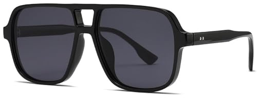XFSRG Lunettes de Soleil Rétro Pilotes pour Homme et Femme Lunettes de Soleil Classiques Rectangle à Double Pont Style Années 70 Vintage Protection UV400（Noir）