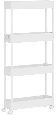 Klihome Chariot à roulettes, Chariot Étoite à 4 Niveaux, Étagère de Rangement Roulante avec 4 Crochets, pour Cuisine, Salle de Bain, 39x12,5x83,5 cm, Blanc