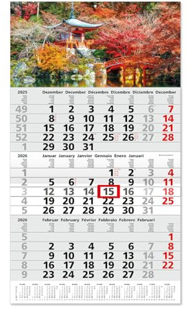 Timr calendrier 3 mois 2026 vue annuelle 53 cm international multilingue D GB F I E NL calendrier mural avec curseur motif Japon I tr347