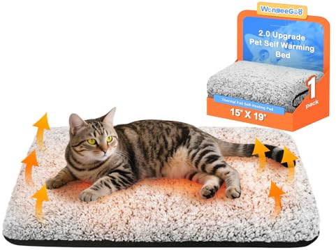 WanpeeGoo Self Warming Cat Bed, Heated Cat Bed, 2.0 Upgraded Thermal Foil Heating Pad, Plush Self-Heating Pet Mat for Crate, Floor, with Removable Washable Cover, Non-Slip, 15x19