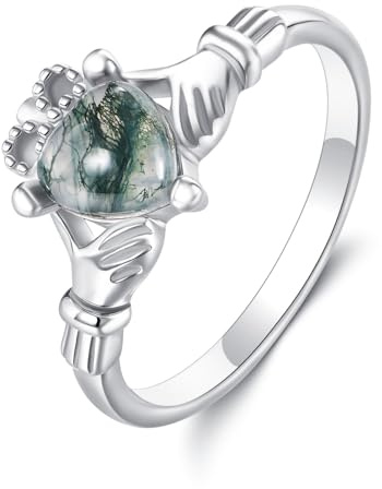 ONEFINITY Claddagh Ring aus 925er Sterlingsilber Irischer Claddagh Ring mit Herz Moosachat Irischer Schmuck für Frauen(7)