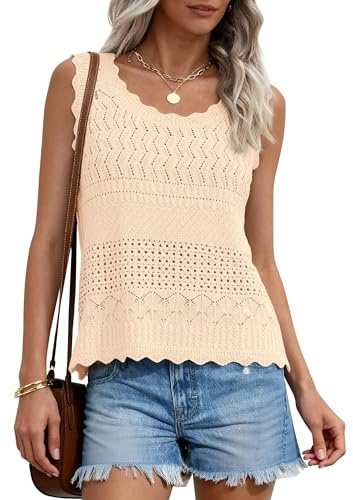 PRETTYGARDEN Womens Crochet Tank Tops 2026 Summer Spring Sleeveless Tops Cute Sweater Vest Trendy Boho Beach Vacation Clothes (Beige,Large)