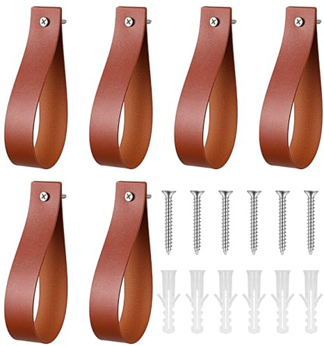 Apojgitn Leather 6 Pc Wall Hooks, Strap Curtain Rod Holder Set - No Drill Curtain Rods Holders, Leather Straps Rod Brackets for Wall, Holder & Hooks for Extra Long Rods Mount Hanges Boho(Brown)