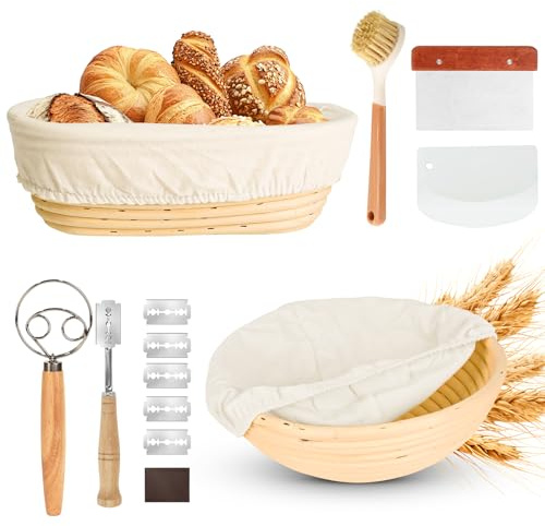 ACOMTUO Juego de Cesta de Fermentación para Pan,Accesorios para Hornear Pan,23 cm Redonda y 25 cm, Cesta Ovalada de pan, 100% Ratán Natural, Incluye Espátula para Masa, Inserto de Lino, Agitador
