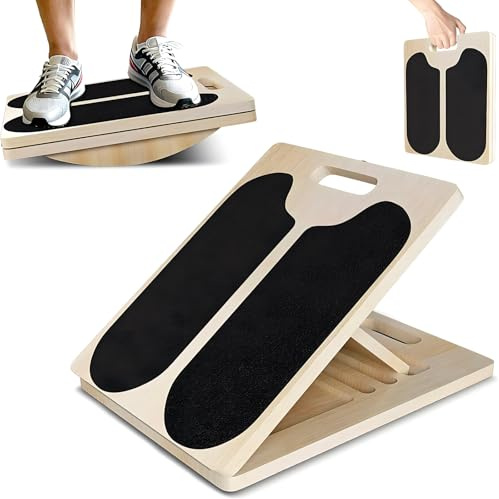 2-in-1 Wooden Balance Board & Slant Board, 5 Position Adjustable, Calf Stretch & Core Strength Training Wobble Board, Non-Slip Balance Board for Home, Gym, Outdoor Use
