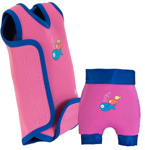 Swimbest Swimsuit & Nappy Set - Neoprene Wrap Around Baby Swimming Costume with a Free Swim Nappy- Pink/Blue, 0-6 mths/3-6m (4-6kgs)