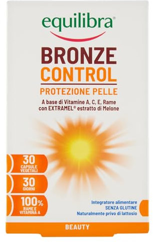 Equilibra Integratori Alimentari, Bronze Control, Integratore Vitamina A, Vitamina C, Vitamina E e Rame, con Estratto di Melone Brevettato, per l'Esposizione Solare, Senza Glutine, 30 Capsule Vegetali