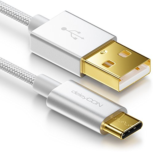 deleyCON 1m USB-C Kabel - Ladekabel Datenkabel - Nylon + Metallstecker - USB C auf USB A - Kompatibel mit Apple Samsung Google Huawei Xiaomi Tablet Laptop PC - Silber