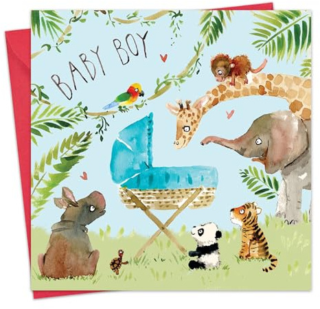 Twizler New Baby Boy Card with Blue Crib and Jungle Animals - New Baby Card Boy - Cute Newborn Essential Gifts - Congratulations