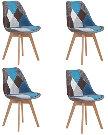 BenyLed Set di 4 Sedie da Pranzo Patchwork con Seduta Imbottita e Gambe in Legno, Ideali per Sala da Pranzo, Soggiorno, Camera da Letto, ECC., Blu