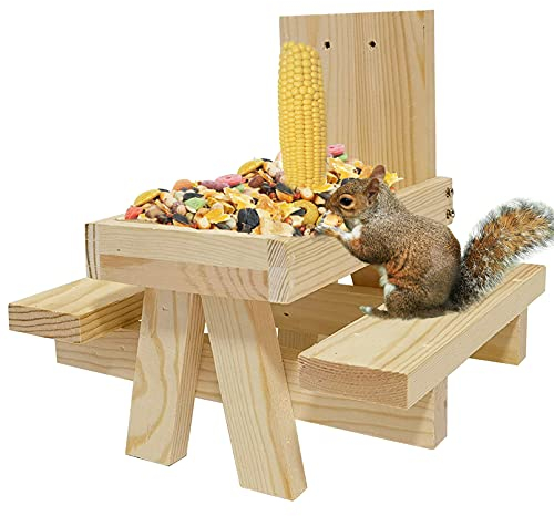 Squirrel Picnic Table Feeder Wooden Squirrel Feeders Corn Cob Holder for Outside with Fenced Tabletop Bench Chair Outdoor Chipmunk Feeder for Wildlife Animal Lovers