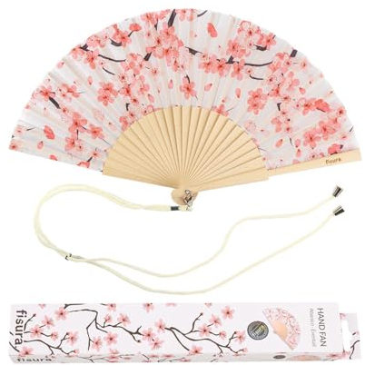 Fisura - Éventail original blanc avec motifs de Fleurs de Sakura. Éventail en bois moderne et amusant. Éventail blanc et rose. Dimensions : 42,5 x 23. Matériau : bois et textile.
