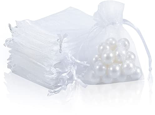 OWill Sacchetti Organza 7x9 cm Bianco 50 Pcs,Sacchetti Portaconfetti in Organza per Bomboniere Matrimonio, Bustine Trasparenti per Confetti e Sacchettini Regalo Piccoli