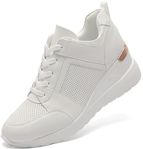YZ Fashion Wedge Sneaker for Women High Heel Lace Up Platform Sneakers (White, 7)