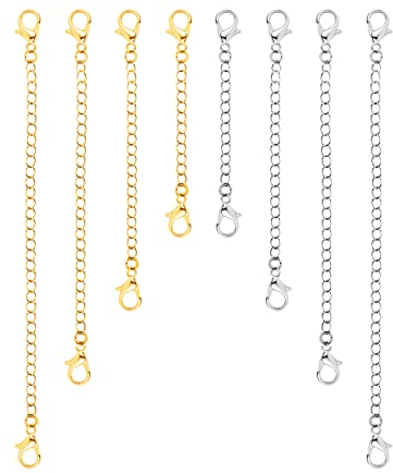 8 piezas Extensión para Collar, 4 Tamaños Extensor de Cadena Extensión Cadena Extensión de Pulsera para Hacer Joyas Collar Pulsera Tobillera (4 Oro, 4 Plata)