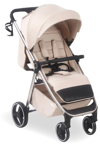 My Babiie MB160 Pushchair – from Birth to 4 Years (22kg), 4-Wheel Suspension, Large Basket, XL Canopy, Foldable, Compact, Stroller with Footmuff, Cup Holder, Rain Cover – Oatmeal