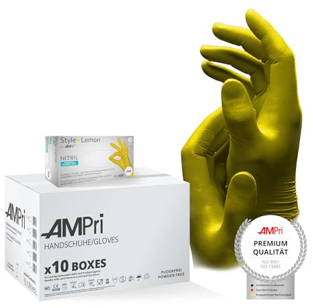 AMPRI Nitrilhandschuhe, gelb, 10 Box a 100 Stk, Größe L, puderfrei, Style Lemon by Med-Comfort: Nitril Einmalhandschuhe, Einweghandschuhe in den Größen XS, S, M, L, XL